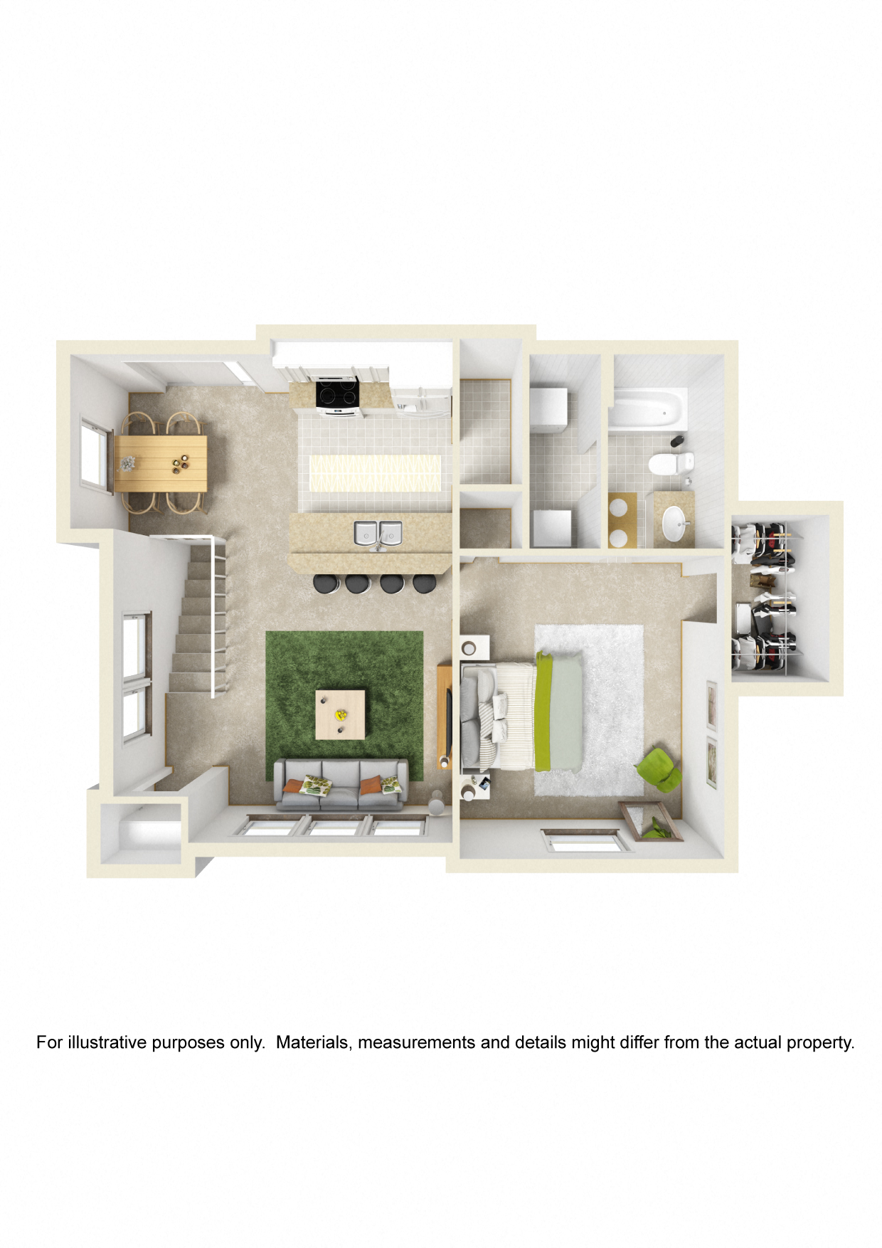 Floor plan for 1 bed, 1 bath, 805 sqft